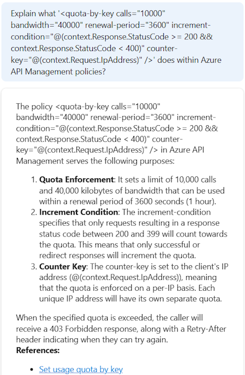 Azure'da belirli bir API Management ilkesi hakkında bilgi sağlayan Microsoft Copilot'ın ekran görüntüsü.