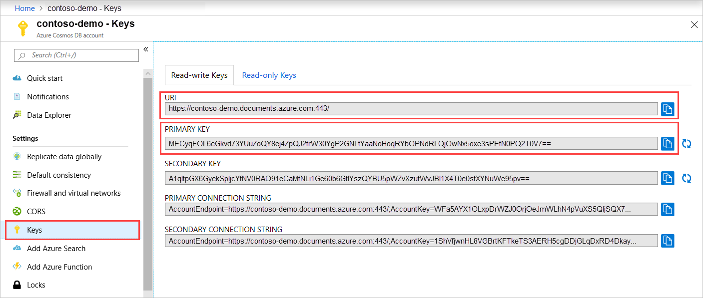 Azure Cosmos DB hesap sayfasında Anahtarlar düğmesinin vurgulandığı Azure portalının ekran görüntüsü