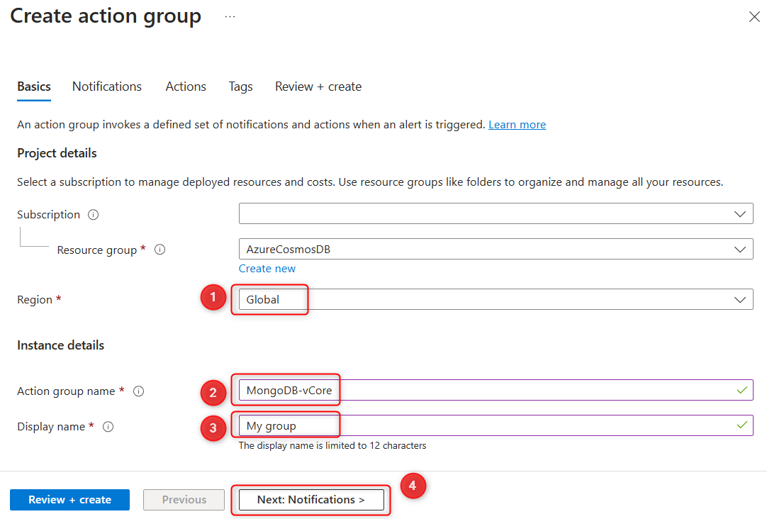 Azure portalındaki eylem grubu temellerinin ekran görüntüsü.