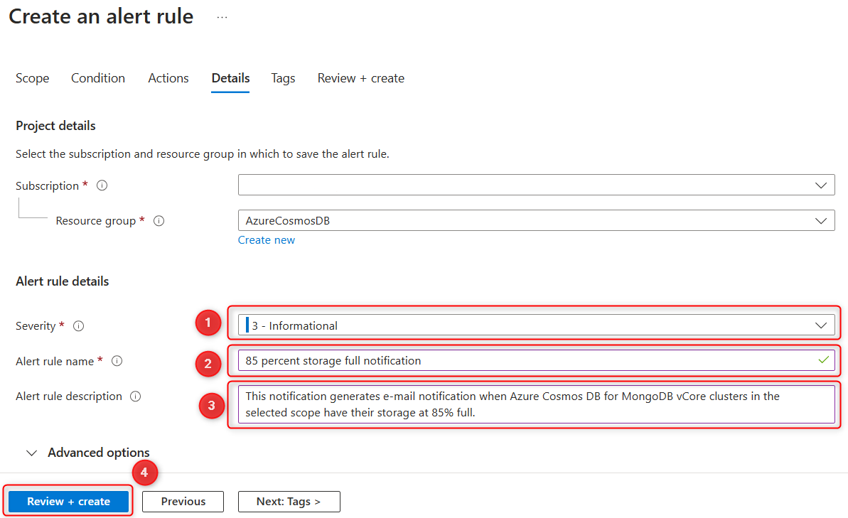 Azure portalında tamamlanan uyarı kuralı ayrıntıları sekmesinin ekran görüntüsü.