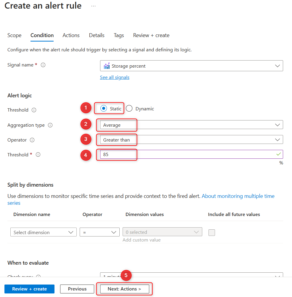 Azure portalında seçili ölçüm için uyarı tanımının ekran görüntüsü.