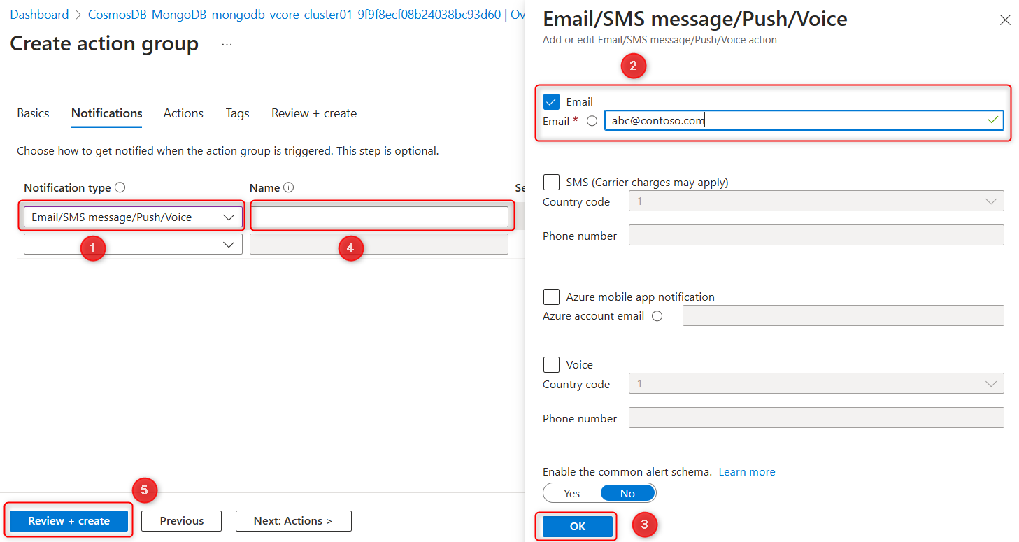 Azure portalında e-posta bildirimi oluşturma işleminin ekran görüntüsü.