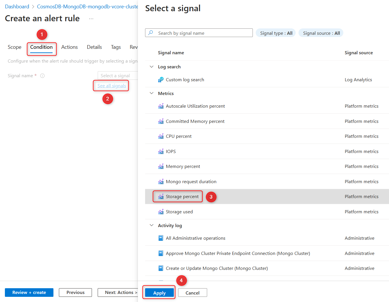 Azure portalında bir ölçümün seçili olduğu uyarı koşulu seçim panelinin ekran görüntüsü.