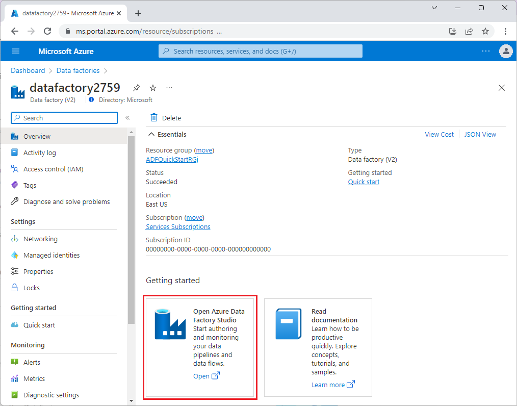 Azure Data Factory'nin giriş sayfasını gösteren ekran görüntüsü.