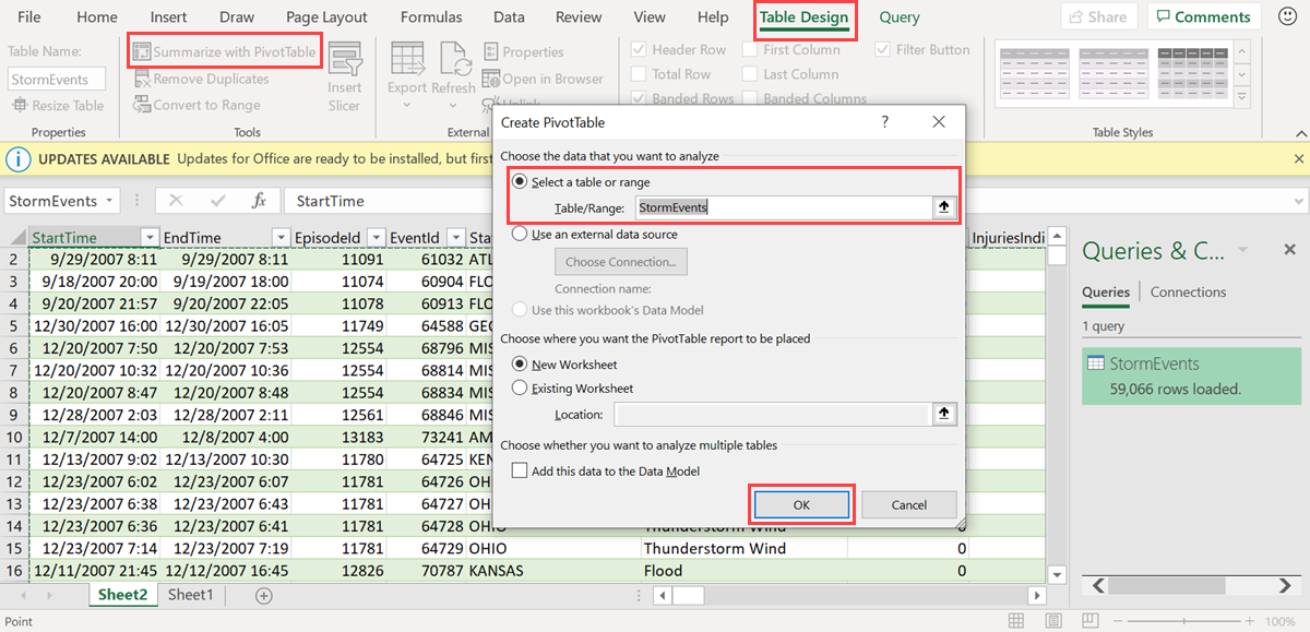 PivotTable'ın nasıl oluşturulacağını gösteren ekran görüntüsü.