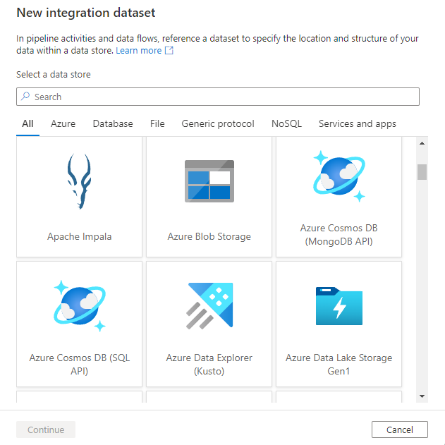 Desteklenen Azure Synapse bağlayıcılarından herhangi birine bağlı hizmet türünü seçebileceğiniz yeni tümleştirme veri kümesi penceresini gösterir.