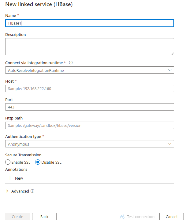 Hbase için bağlı hizmet yapılandırmasının ekran görüntüsü.