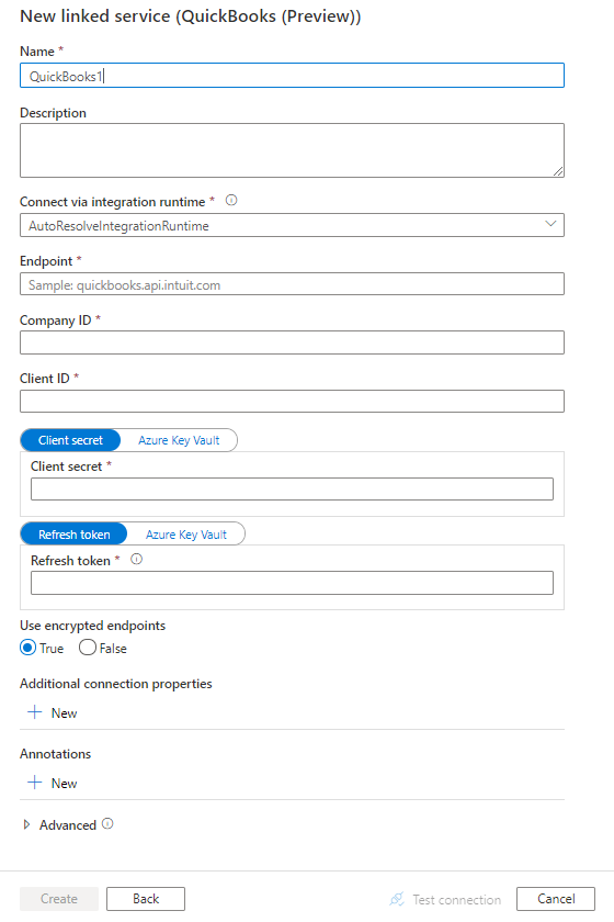 QuickBook'lar için bağlı hizmet yapılandırmasının ekran görüntüsü.