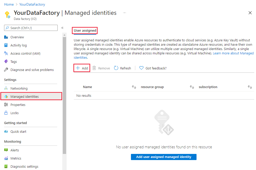 Kullanıcı tarafından atanan yönetilen kimliği ilişkilendirmek için Azure portalını kullanmayı gösteren ekran görüntüsü.