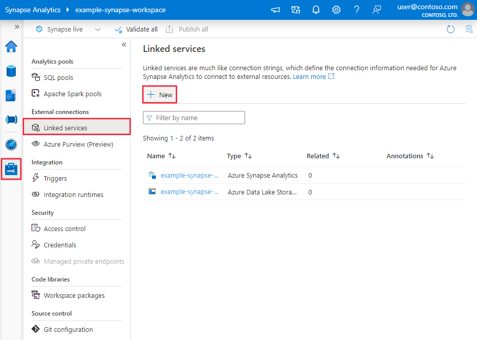 Azure Synapse kullanıcı arabirimiyle yeni bir bağlı hizmet oluşturma işleminin ekran görüntüsü.