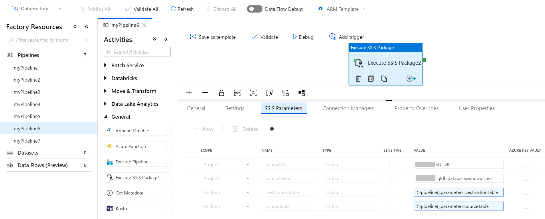 SSIS Parametreleri sekmesinde özellikleri ayarlama