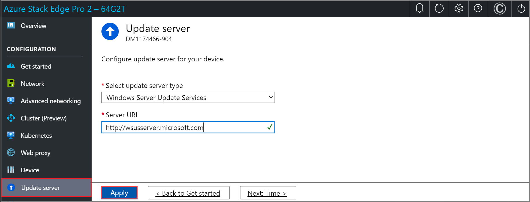 Azure Stack Edge cihazının yerel web kullanıcı arabiriminde Windows Server Update Services'ın yapılandırıldığı Sunucuyu güncelleştir sayfasının ekran görüntüsü. Uygula düğmesi vurgulanır.