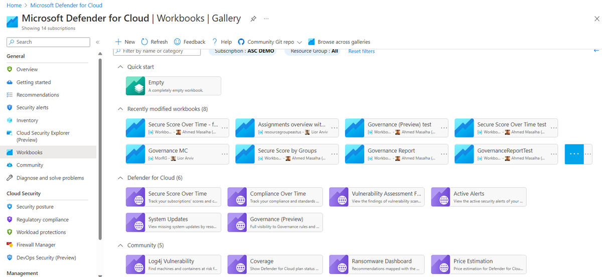 Bulut için Microsoft Defender'daki yerleşik çalışma kitaplarının galerisini gösteren ekran görüntüsü.
