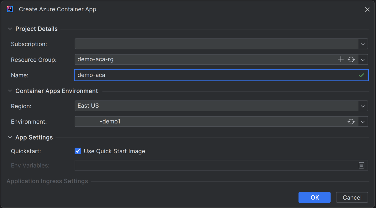 Azure Container App Oluştur iletişim kutusunu gösteren Intelli J'nin ekran görüntüsü.