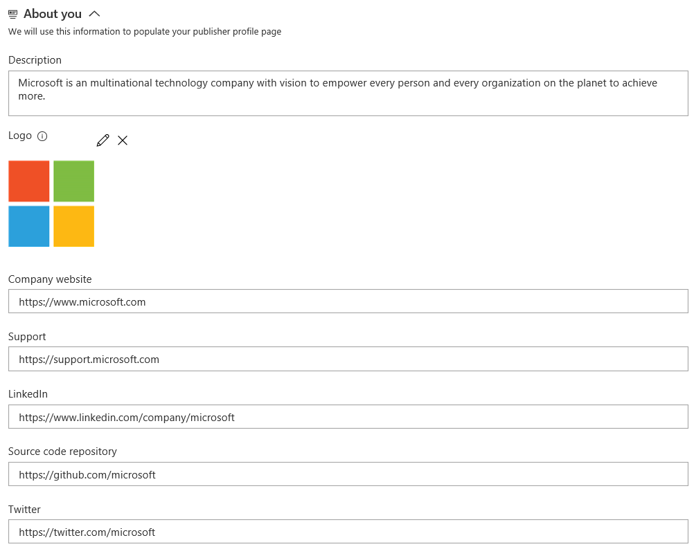 Microsoft yayımcıları için sizinle ilgili bölümün ekran görüntüsü.