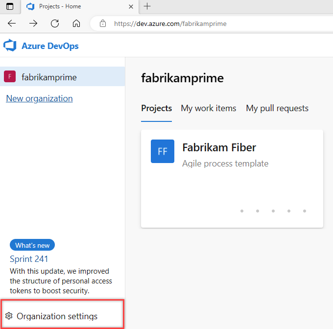 Azure DevOps'ta Kuruluş ayarları düğmesini gösteren ekran görüntüsü.