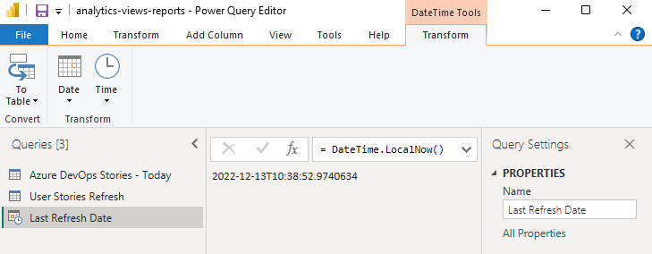 Son Yenileme Tarihi sorgusu için DateTime.LocalNow formülü olan Power Query Düzenleyicisi ekran görüntüsü.