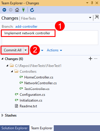 Visual Studio 2019'da Takım Gezgini'nin 'Değişiklikler' görünümündeki 'Tümünü İşle' seçeneğinin ekran görüntüsü.