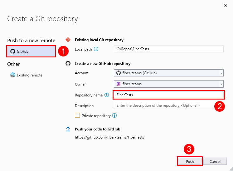 Visual Studio 2019'da boş bir GitHub deposunun URL'siyle birlikte 'Git deposu oluştur' penceresinin ekran görüntüsü.