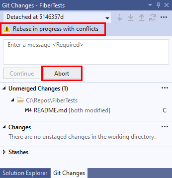 Visual Studio'nun Git Deposu penceresindeki rebase çakışma iletisinin ekran görüntüsü.