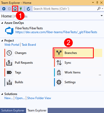 Visual Studio 2019'da Takım Gezgini'ndeki Dallar seçeneğinin ekran görüntüsü.