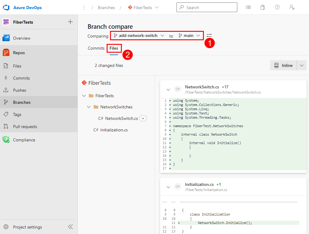 Azure DevOps deposu sayfasındaki Dal Karşılaştırma görünümündeki Dosyalar sekmesinin ekran görüntüsü.