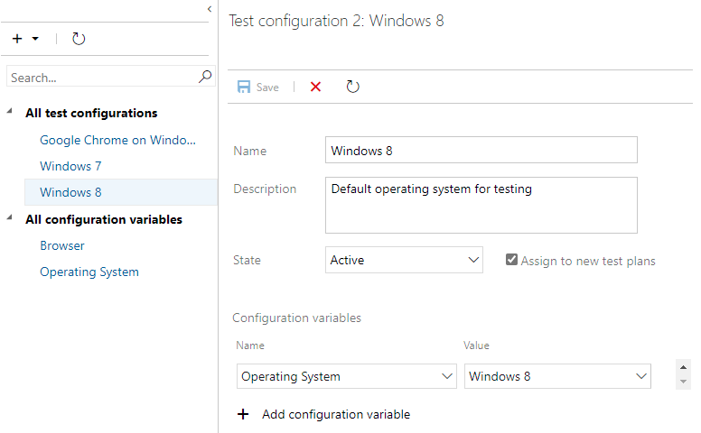 Azure Test Planları, Yapılandırmalar hub'ı ekran görüntüsü