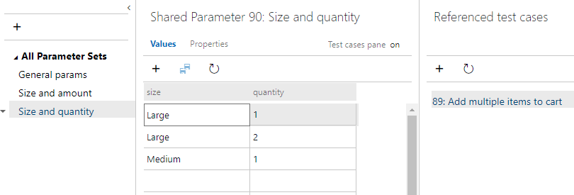 Azure Test Planları, Parametreler hub'ı ekran görüntüsü