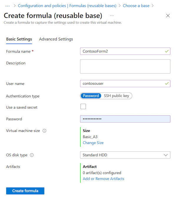 DevTest Labs'de formül eklemeye yönelik standart Temel Ayarlar yapılandırma sekmesinin ekran görüntüsü.