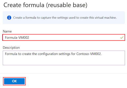 DevTest Labs'de var olan bir VM'den formülün nasıl yapılandırıldığını gösteren ekran görüntüsü.