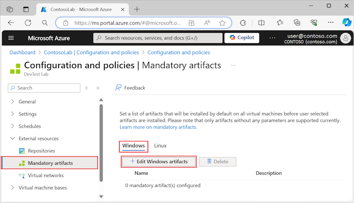 Azure portalında laboratuvar sanal makineleri için Windows yapıtlarını düzenlemeyi gösteren ekran görüntüsü.