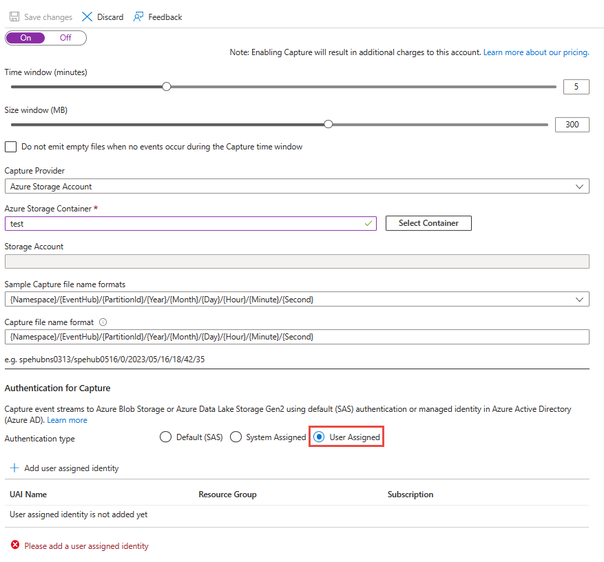 Event Hubs verilerini Azure Depolama'ya veya Azure Data Lake Storage'a yakalamayı gösteren görüntü