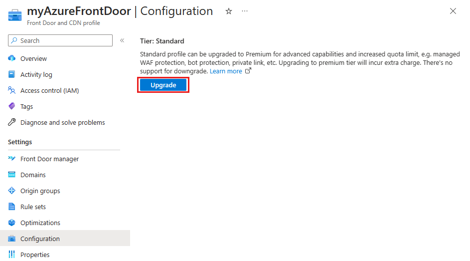 Azure Front Door Standard profilinin yapılandırma sayfasındaki yükseltme düğmesinin ekran görüntüsü.