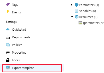 Azure portalında var olan bir kaynakta şablonu dışarı aktar sayfasının ekran görüntüsü.