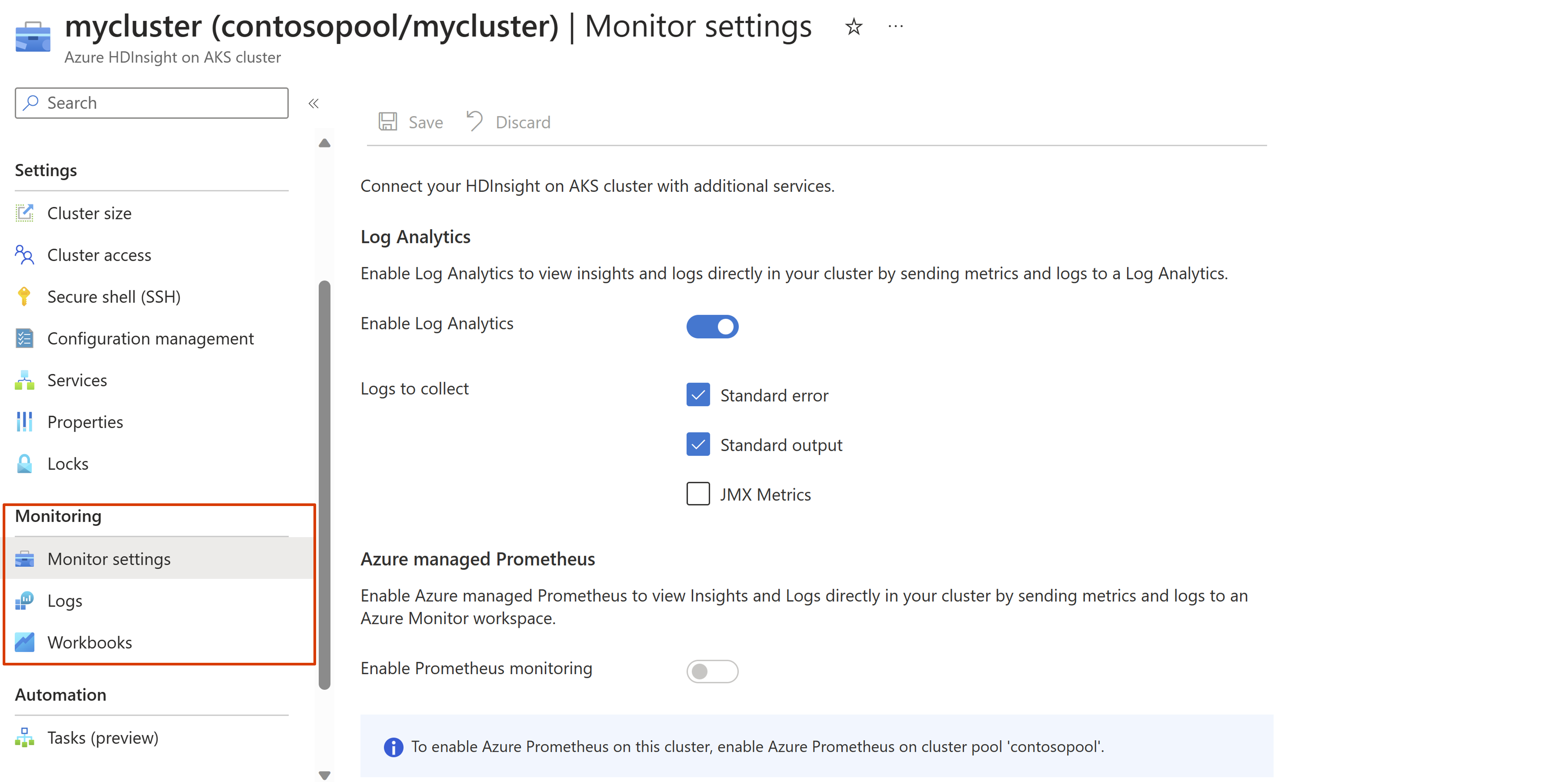 Azure portalında küme için İzleme bölümünü gösteren ekran görüntüsü.