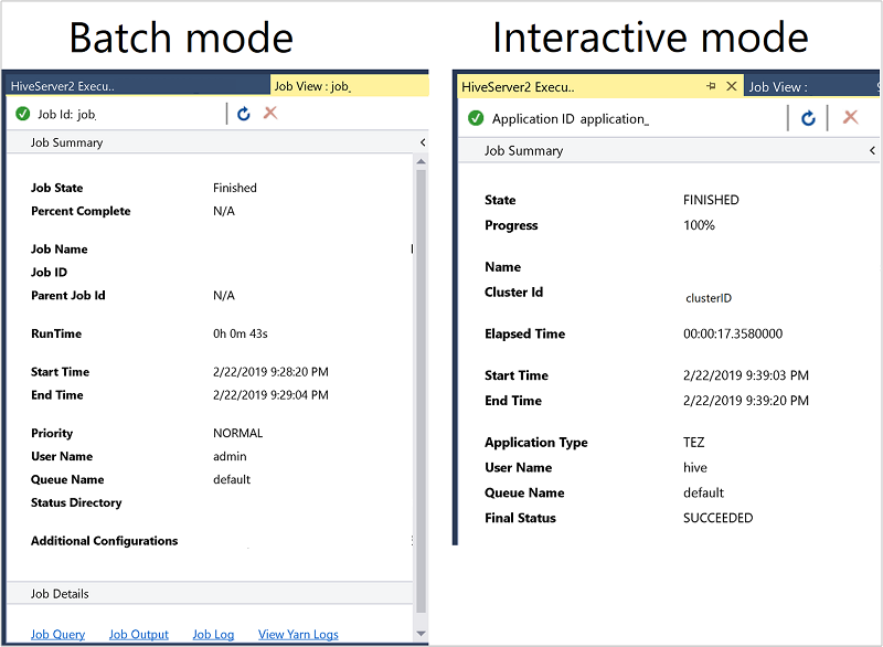 Hive iş özet pencereleri, toplu iş ve etkileşimli mod, Visual Studio.