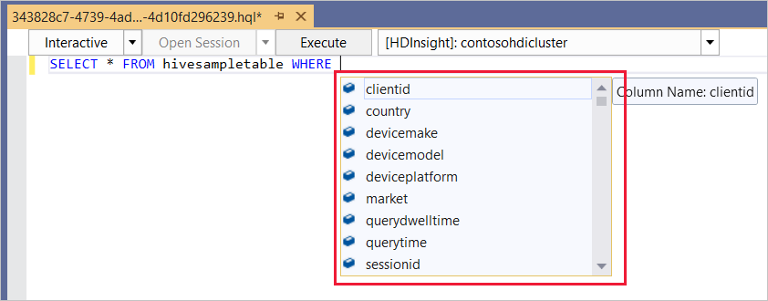 IntelliSense örnek 2, Hive geçici sorgusu, HDInsight kümesi, Visual Studio.