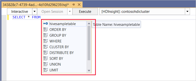 IntelliSense örnek 1, Hive geçici sorgusu, HDInsight kümesi, Visual Studio.