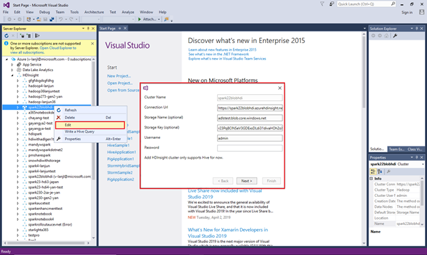 Bağlı kümeyi, HDInsight'ı, Visual Studio'yu düzenleyin.