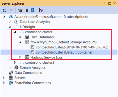 Sunucu Gezgini'nde Visual Studio için Data Lake Araçları bağlantılı kaynaklar.