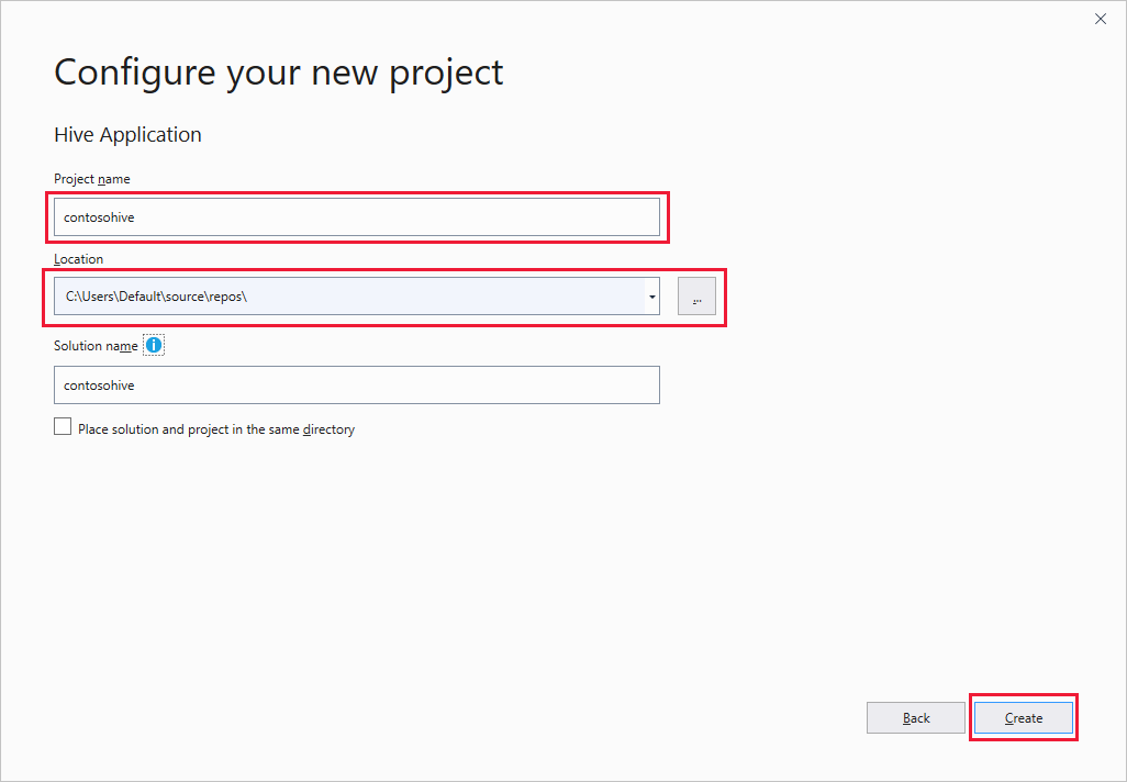 Yeni Hive uygulaması, Yeni proje pencerenizi yapılandırın, HDInsight Visual Studio.