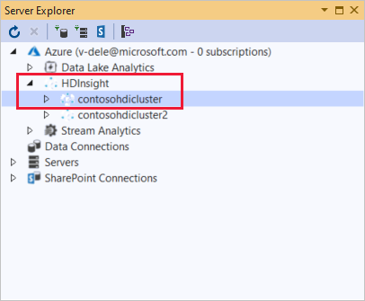 HDInsight küme listesi, Sunucu Gezgini, Visual Studio.