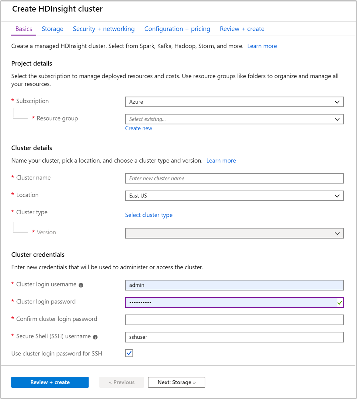 Azure portalı küme temel bilgilerini oluşturur.