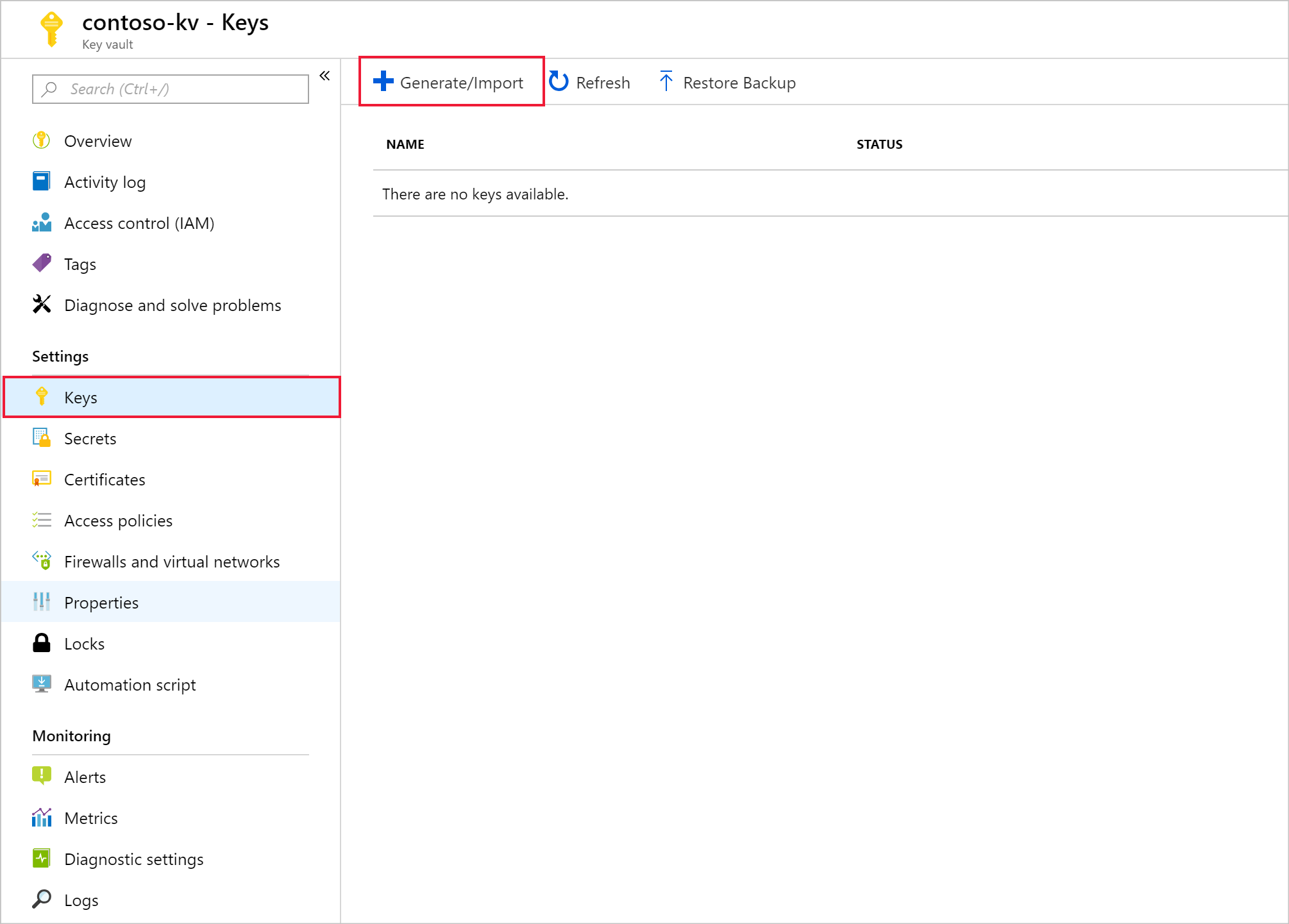 Azure Key Vault'ta yeni bir anahtar oluşturun.