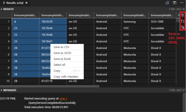 Etkileşimli Apache Hive sorgu sonucu.