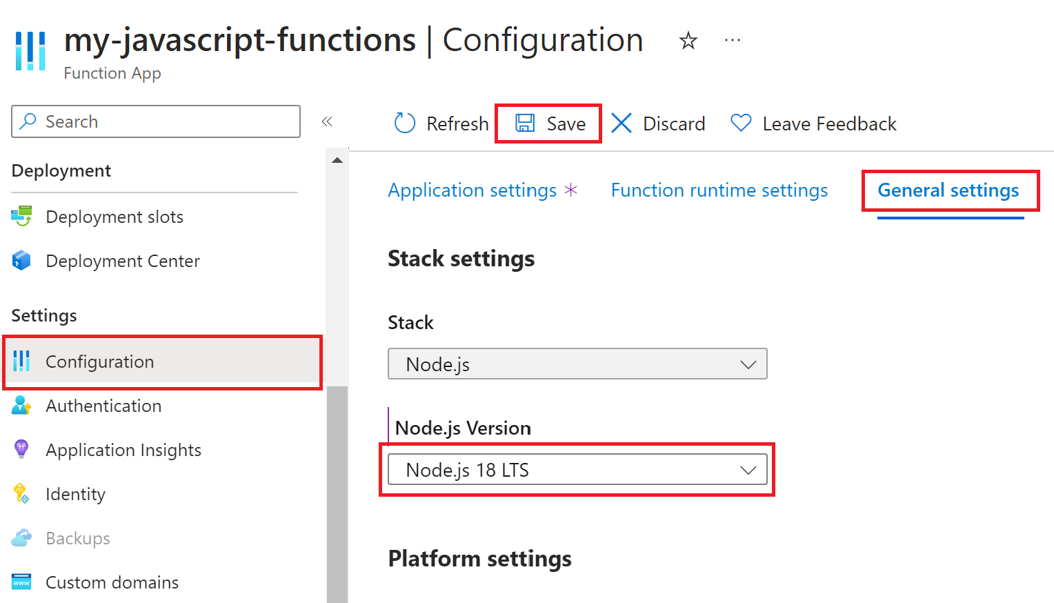 İşlev uygulamasının Node.js Azure portalındaki en son LTS sürümüne ayarlama işleminin ekran görüntüsü. 