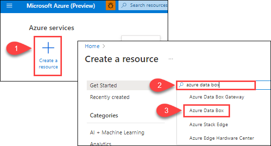 Artı Kaynak Oluştur düğmesini ve kaynağın oluşturulacağı hizmeti seçmeye yönelik metin kutusunu gösteren çizim. Azure Data Box vurgulanmış.