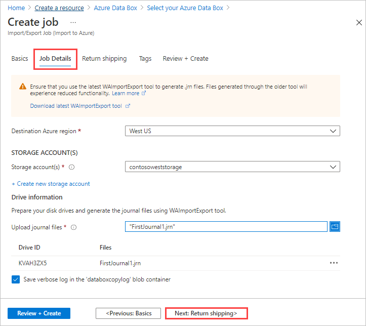 Azure Data Box'ta bir içeri aktarma işinin tamamlanmış İş Ayrıntıları sekmesinin ekran görüntüsü. İş Ayrıntıları sekmesi ve sonraki: İade Gönderimi düğmesi vurgulanır.