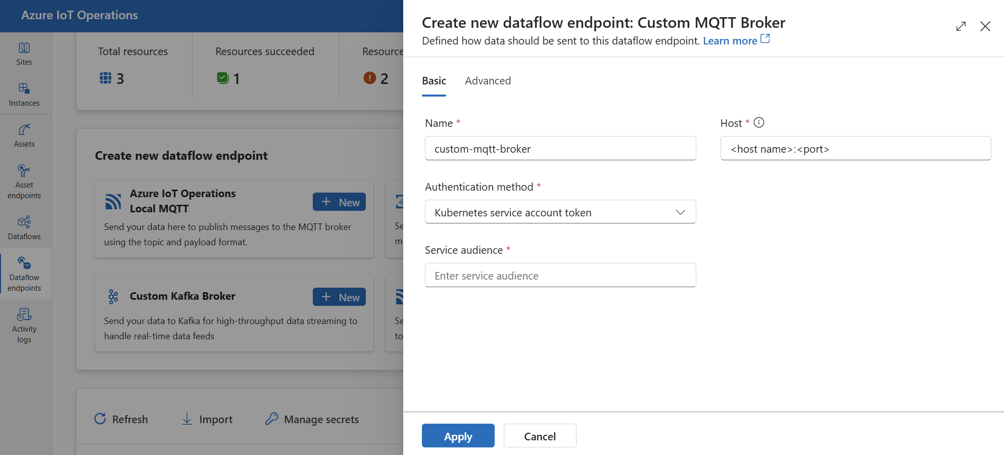 Özel bir MQTT aracı uç noktası oluşturmak için işlem deneyimini kullanan ekran görüntüsü.