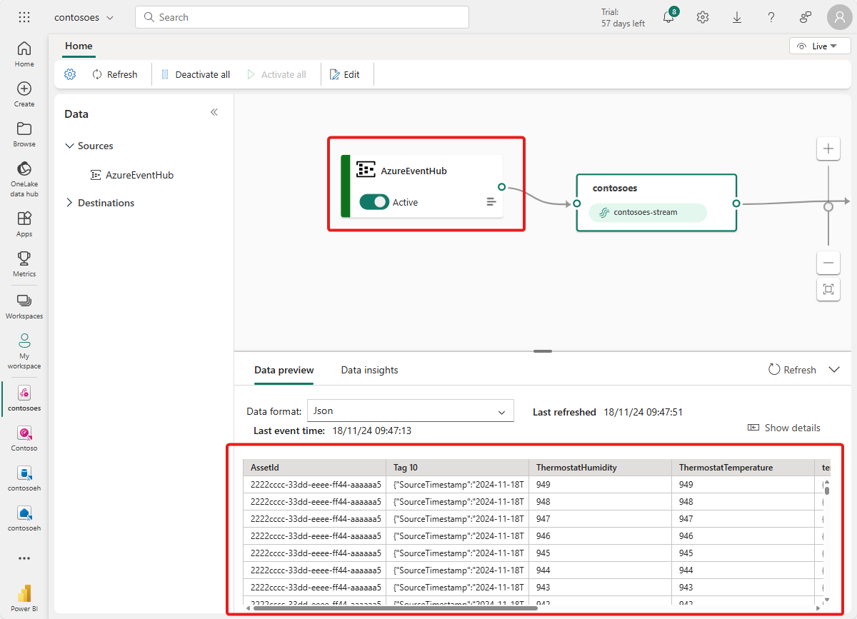 AzureEventHub kaynağındaki verileri içeren olay akışının ekran görüntüsü.